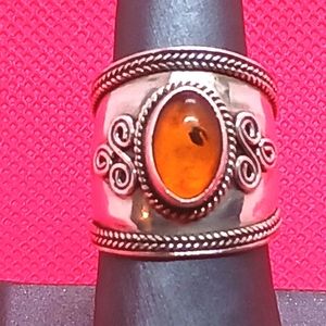 Beautiful Amber Stone Sterling Silver Cigar Band Style Vintage Ring